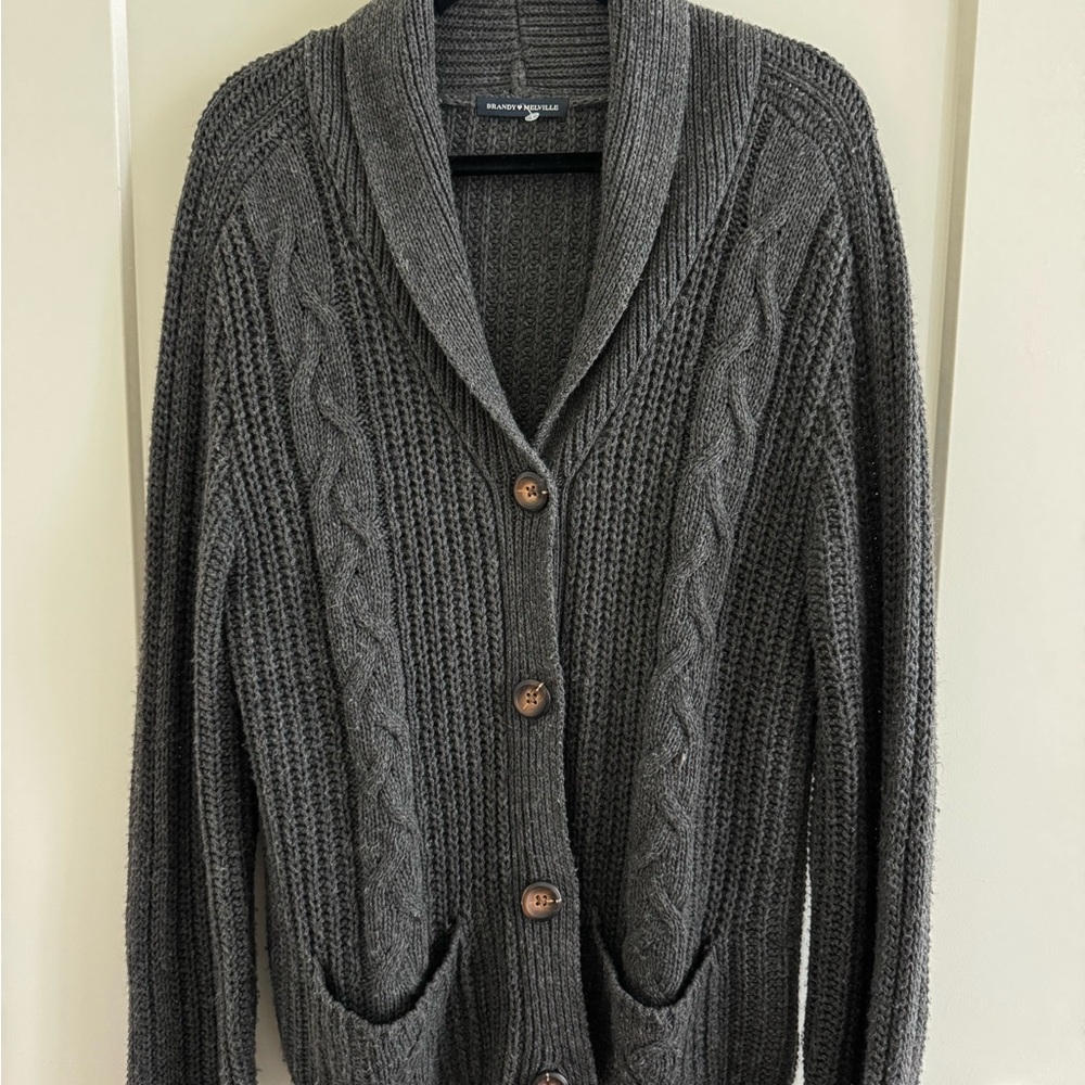 Gray Cable Knit Cardigan with Wooden Buttons
